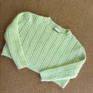 Zara Mint Green Alpaca Wool Blend Cropped Cable Knit Sweater